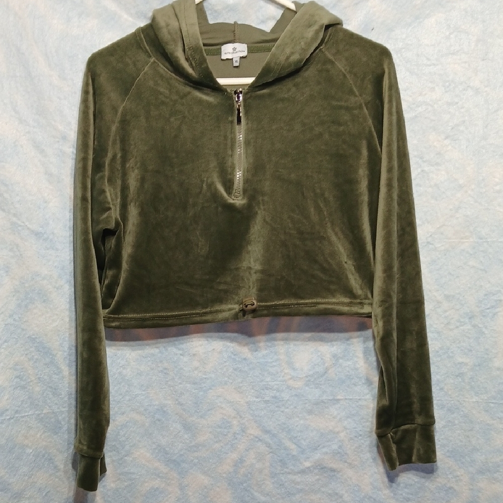 Elite Collection Olive Green Velour Cropped Hoodie SZ XL
